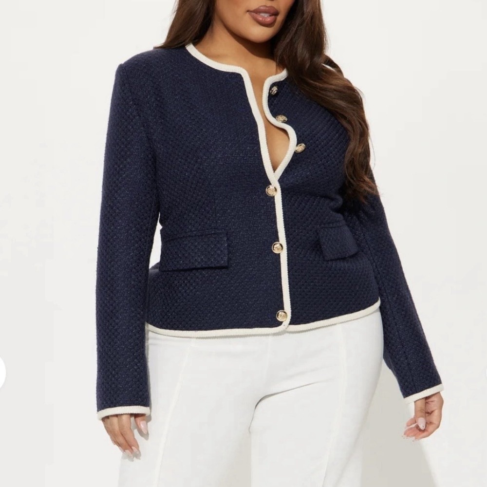 Fashion Nova Stay Timeless Tweed Navy Blue Contrast Trim Blazer Jacket Size 1X